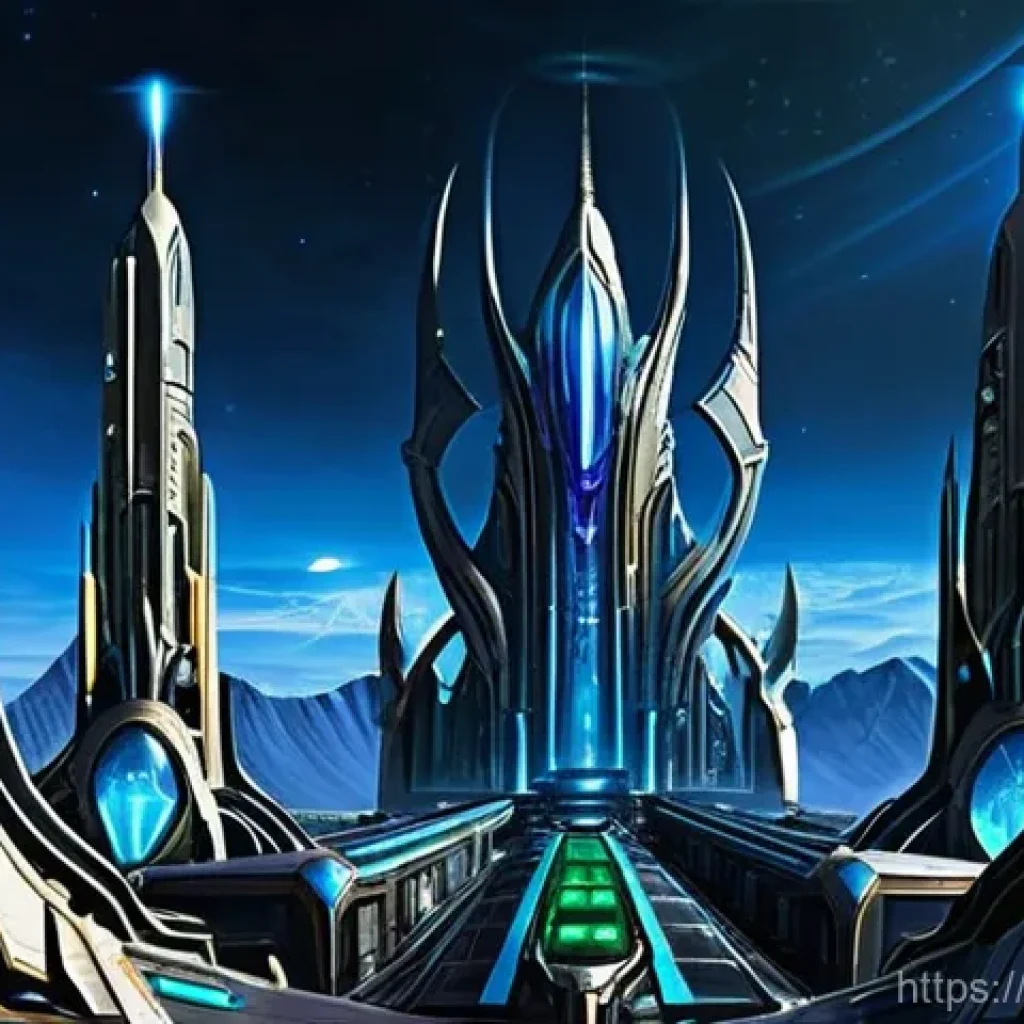 스타크래프트2 프로토스 후반 운영 - **Prompt 1: Protoss Economic Powerhouse**
"A grand, futuristic cityscape built by the Protoss, s...