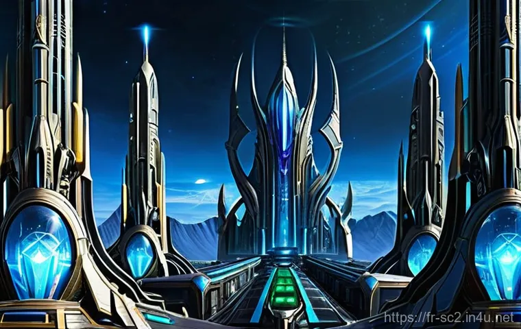 스타크래프트2 프로토스 후반 운영 - **Prompt 1: Protoss Economic Powerhouse**
"A grand, futuristic cityscape built by the Protoss, s...